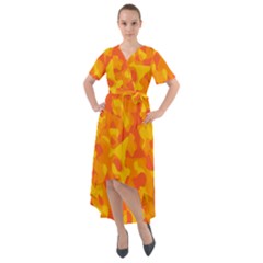 Orange And Yellow Camouflage Pattern Front Wrap High Low Dress by SpinnyChairDesigns