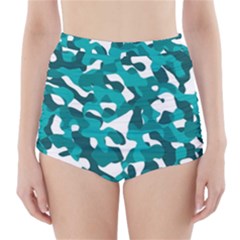 Teal And White Camouflage Pattern High-waisted Bikini Bottoms by SpinnyChairDesigns