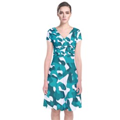 Teal And White Camouflage Pattern Short Sleeve Front Wrap Dress by SpinnyChairDesigns