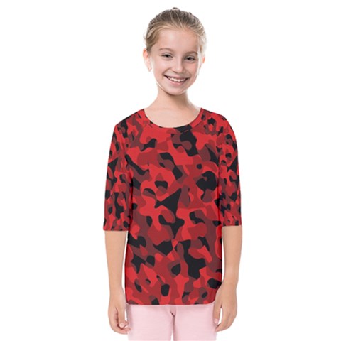 Red And Black Camouflage Pattern Kids  Quarter Sleeve Raglan Tee by SpinnyChairDesigns