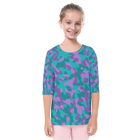 Purple And Teal Camouflage Pattern Kids  Quarter Sleeve Raglan Tee by SpinnyChairDesigns