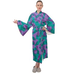 Purple And Teal Camouflage Pattern Maxi Velour Kimono by SpinnyChairDesigns