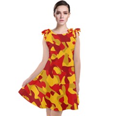 Red And Yellow Camouflage Pattern Tie Up Tunic Dress by SpinnyChairDesigns