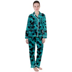 Black And Teal Camouflage Pattern Satin Long Sleeve Pyjamas Set by SpinnyChairDesigns