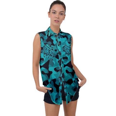 Black And Teal Camouflage Pattern Sleeveless Chiffon Button Shirt by SpinnyChairDesigns