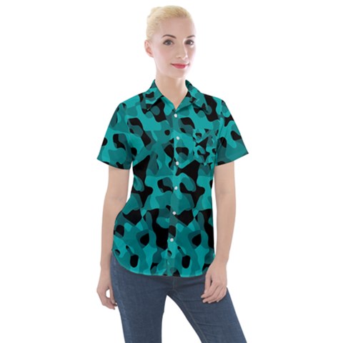 Black And Teal Camouflage Pattern Women s Short Sleeve Pocket Shirt by SpinnyChairDesigns