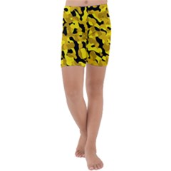 Black And Yellow Camouflage Pattern Kids  Lightweight Velour Capri Yoga Leggings by SpinnyChairDesigns