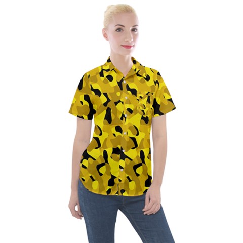 Black And Yellow Camouflage Pattern Women s Short Sleeve Pocket Shirt by SpinnyChairDesigns