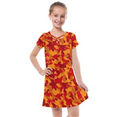 Red And Orange Camouflage Pattern Kids  Cross Web Dress by SpinnyChairDesigns