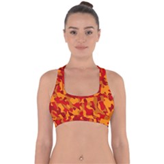 Red And Orange Camouflage Pattern Cross Back Hipster Bikini Top  by SpinnyChairDesigns