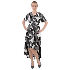 Black And White Camouflage Pattern Front Wrap High Low Dress by SpinnyChairDesigns