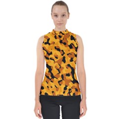 Orange And Black Camouflage Pattern Mock Neck Shell Top by SpinnyChairDesigns