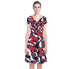 Black Red White Camouflage Pattern Short Sleeve Front Wrap Dress by SpinnyChairDesigns