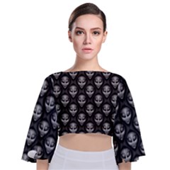 Grey Aliens Extraterrestrials Ufo Faces Tie Back Butterfly Sleeve Chiffon Top by SpinnyChairDesigns