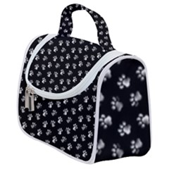 Cat Dog Animal Paw Prints Black And White Satchel Handbag by SpinnyChairDesigns