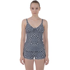 Black And White Line Art Pattern Stripes Tie Front Two Piece Tankini by SpinnyChairDesigns