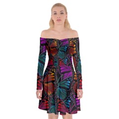 Colorful Monarch Butterfly Pattern Off Shoulder Skater Dress by SpinnyChairDesigns