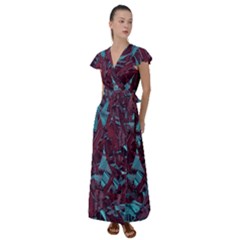 Boho Teal Wine Mosaic Flutter Sleeve Maxi Dress by SpinnyChairDesigns