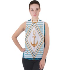 Chain Pattern Blue 6 Mock Neck Chiffon Sleeveless Top by designsbymallika