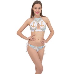 Chain Pattern Blue 6 Cross Front Halter Bikini Set by designsbymallika