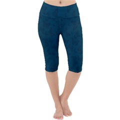 Indigo Dye Blue Butterfly Pattern Lightweight Velour Cropped Yoga Leggings by SpinnyChairDesigns