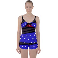 Mixed-lines-dots Black-bg Tie Front Two Piece Tankini by Casemiro