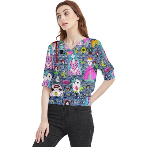 Blue Denim And Drawings Daisies Quarter Sleeve Blouse by snowwhitegirl