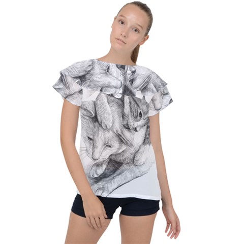 Cat Drawing Art Ruffle Collar Chiffon Blouse by HermanTelo