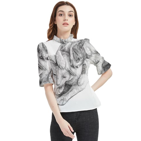 Cat Drawing Art Frill Neck Blouse by HermanTelo
