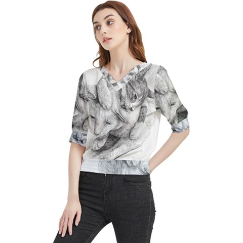 Cat Drawing Art Quarter Sleeve Blouse by HermanTelo
