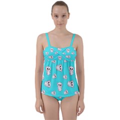 Azure Blue And Crazy Kitties Pattern, Cute Kittens, Cartoon Cats Theme Twist Front Tankini Set by Casemiro