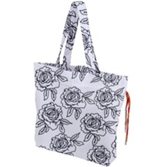 Line Art Black And White Rose Drawstring Tote Bag by MintanArt