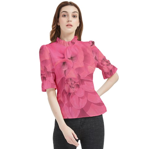 Beauty Pink Rose Detail Photo Frill Neck Blouse by dflcprintsclothing