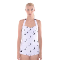 Black And White Cricket Sport Motif Print Pattern Boyleg Halter Swimsuit  by dflcprintsclothing