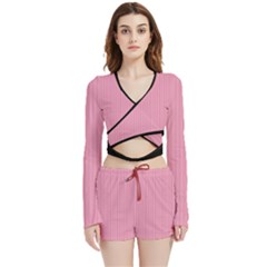 Amaranth Pink & Black - Velvet Wrap Crop Top And Shorts Set by FashionLane