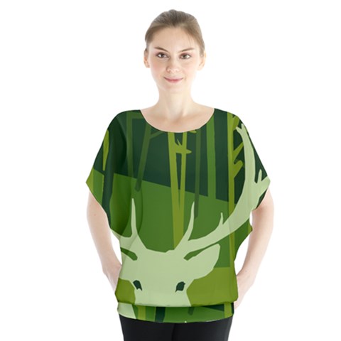 Forest Deer Tree Green Nature Batwing Chiffon Blouse by HermanTelo
