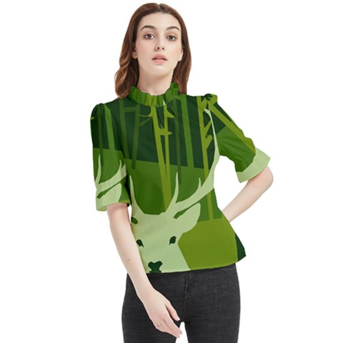 Forest Deer Tree Green Nature Frill Neck Blouse by HermanTelo