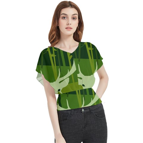 Forest Deer Tree Green Nature Butterfly Chiffon Blouse by HermanTelo