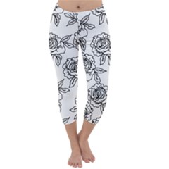 Line Art Black And White Rose Capri Winter Leggings  by MintanArt