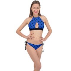 Large Black Polka Dots On Absolute Zero Blue - Cross Front Halter Bikini Set by FashionLane
