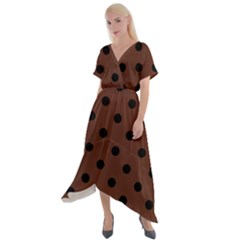 Large Black Polka Dots On Emperador Brown - Cross Front Sharkbite Hem Maxi Dress by FashionLane
