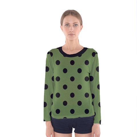 Large Black Polka Dots On Crocodile Green - Women s Long Sleeve Tee by FashionLane