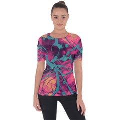 Pink And Turquoise Alcohol Ink Shoulder Cut Out Short Sleeve Top by Dazzleway