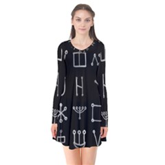 Heinrich Cornelius Agrippa Of Occult Philosophy 1651 Malachim Alphabet Collected Inverted Square Long Sleeve V-neck Flare Dress by WetdryvacsLair