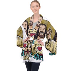 Buddy Christ Long Sleeve Velvet Kimono  by Valentinaart