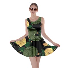 Tropical Vintage Yellow Hibiscus Floral Green Leaves Seamless Pattern Black Background  Skater Dress by Sobalvarro