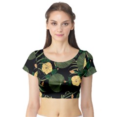 Tropical Vintage Yellow Hibiscus Floral Green Leaves Seamless Pattern Black Background  Short Sleeve Crop Top by Sobalvarro
