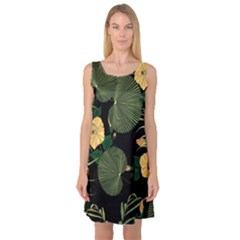Tropical Vintage Yellow Hibiscus Floral Green Leaves Seamless Pattern Black Background  Sleeveless Satin Nightdress by Sobalvarro