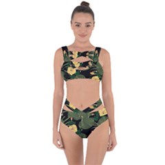 Tropical Vintage Yellow Hibiscus Floral Green Leaves Seamless Pattern Black Background  Bandaged Up Bikini Set  by Sobalvarro