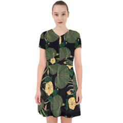 Tropical Vintage Yellow Hibiscus Floral Green Leaves Seamless Pattern Black Background  Adorable In Chiffon Dress by Sobalvarro